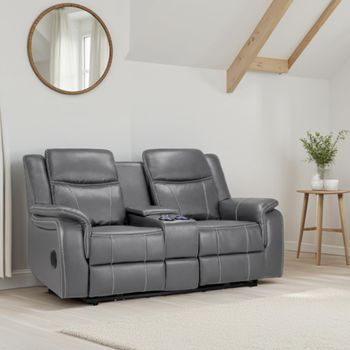 Galaxy Grey Faux Leather 2 Seater Console Electric Recliner Sofa