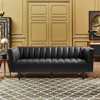 King Black Leather with Flared Arms 3 Seater Sofa