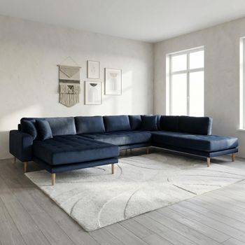 Lido U- Dark Blue Velvet Fabric LHF Open End Sofa with Natural Legs
