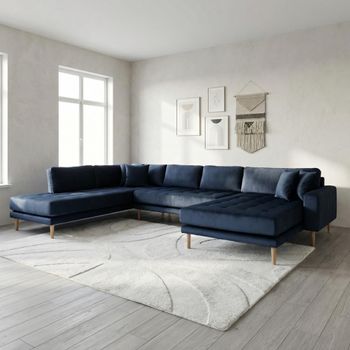 Lido U- Dark Blue Velvet Fabric RHF Open End Sofa with Natural Legs