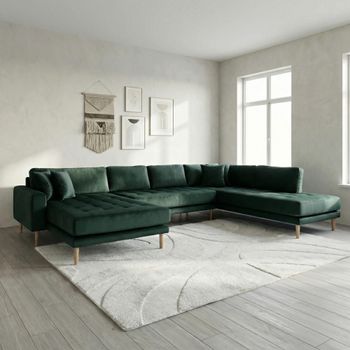 Lido U- Dark Green Velvet Fabric LHF Open End Sofa with Natural Legs