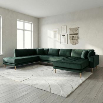Lido U- Dark Green Velvet Fabric RHF Open End Sofa with Natural Legs