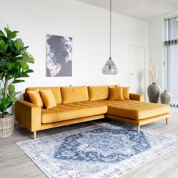 Lido Mustard Fabric RHF Lounge Sofa with Natural Legs