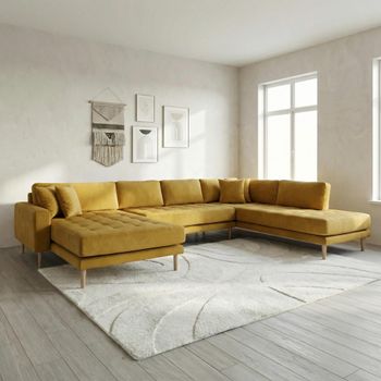 Lido U- Mustard Yellow Velvet Fabric LHF Open End Sofa with Natural Legs