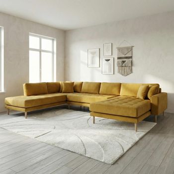 Lido U- Mustard Yellow Velvet Fabric RHF Open End Sofa with Natural Legs