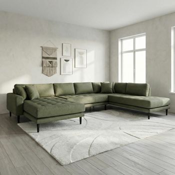 Lido U- Olive Green Fabric LHF Open End Sofa with Black Legs