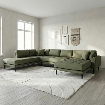 Lido U- Olive Green Fabric RHF Open End Sofa with Black Legs