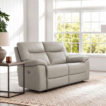 Lucia Power Pearl Grey Leather 2 Seater Recliner Sofa