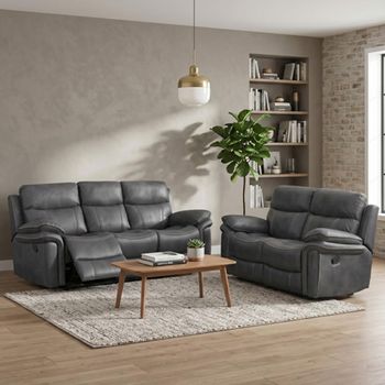 Richmond Charcoal Leather Look Fabric 3+2 Seater Suite Manual Recliner Sofa