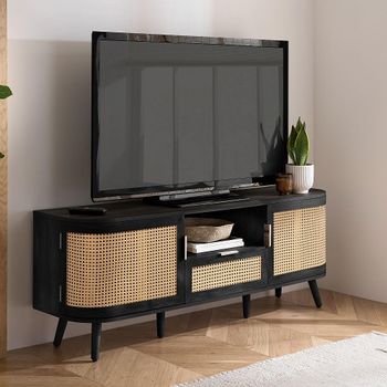 Noah Black and Rattan 150cm 2 Door 1 Drawer TV Unit