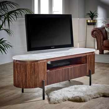 Opal Fluted White Marble Top Mango Wood 140cm 2 Door 2 Drawer TV Unit