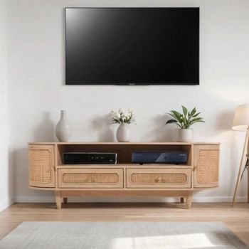Valencia Natural Rattan and Mango Wood 152cm 2 Door 2 Drawer Curved TV Unit