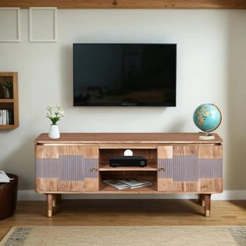 Wilton Gold Trim Acacia Wood Ribbed 145cm 2 Door TV Unit