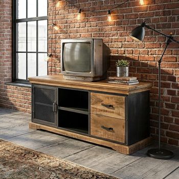 Metropolis Solid Wood and Metal Industrial 140cm 1 Door 2 Drawer TV Unit
