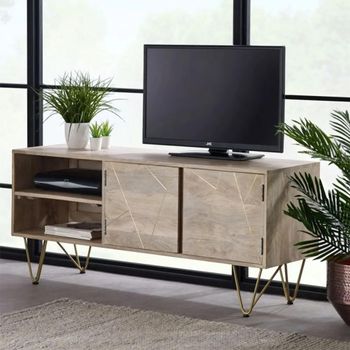 Gold Geometric Inlay Light Mango Wood 140cm 2 Door TV Unit with Hairpin Legs