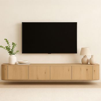 Novero Natural Oak Floating 220cm 4 Door Large Curved Wall Mounted TV Unit