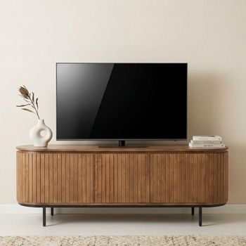 Noor Curved Fluted Natural Mango Wood 170cm 3 Door Medium TV Unit