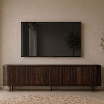 Noor Curved Fluted Walnut Mango Wood 210cm 4 Door Large TV Unit