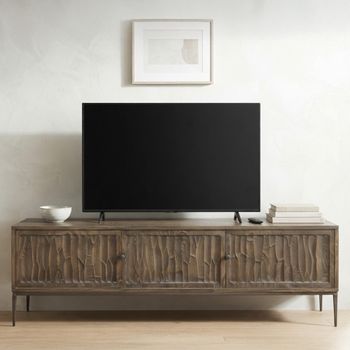 Tacca Carved Brown Distressed Wood and Metal 180cm 3 Door Medium TV Unit