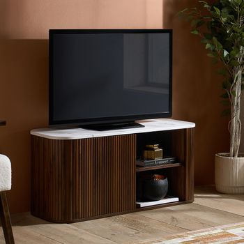 Russo White Marble Top and Walnut Wooden 110cm 1 Door Compact Curved TV Cabinet with Fluted Base