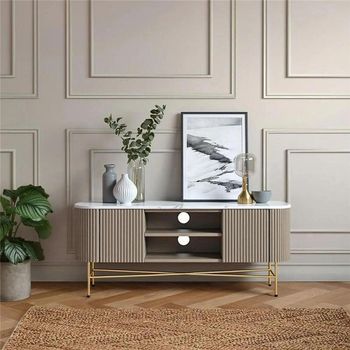Clearance - Isabella Grey White Marble Top Fluted 150cm Curved Storage TV Unit - FSS17481