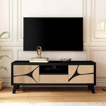 Boho Natural and Black Mango Wood 150cm 2 Door 1 Drawer Medium Geometric Design TV Cabinet