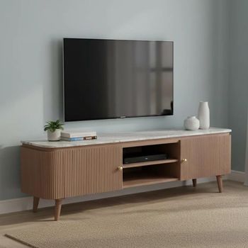 Ashford Pale Taupe Marble Top and Mango Wood 170cm 2 Door Large Fluted Curved TV Cabinet