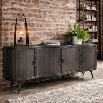 Industrial Curved Ribbed Grey Metal 150cm 4 Door Medium TV Cabinet