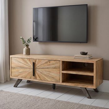 Kodi Natural Mango Wood 135cm 2 Door Small Sunburst TV Unit