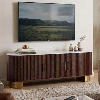 Vardia White Marble Top and Fluted Walnut Mango Wood 160cm 3 Door Medium Curved TV Unit
