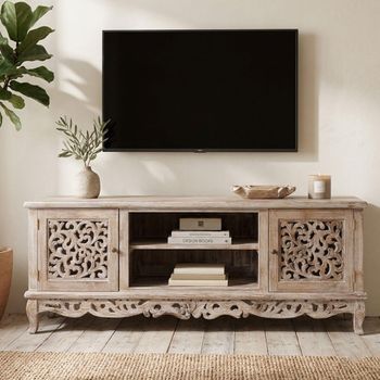 Lirax Distressed White Washed Carved Teak Wood 190cm 2 Door Medium TV Unit