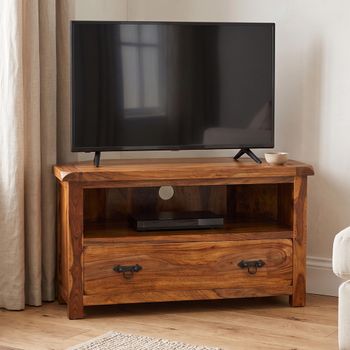 Vellar Sheesham Wood 100cm 1 Drawer Compact Corner TV Unit