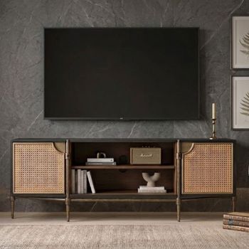 Avenue Black and Natural Rattan and Mango Wood 150cm 2 Door Medium TV Unit