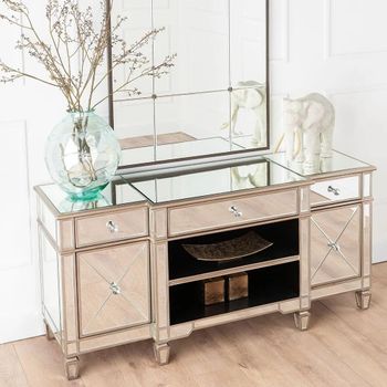 Clearance - Antoinette Champagne Trim Mirrored 2 Door 3 Drawer Medium TV Unit