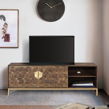 Caltan Walnut Mango Wood and Gold 2 Door Geometric TV Unit