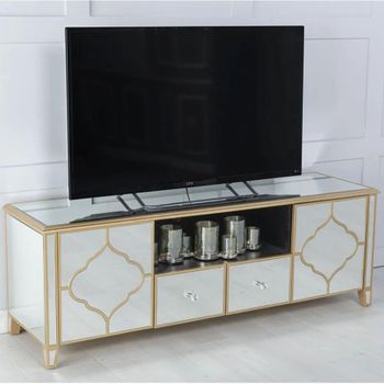 Clearance - Casablanca Gold Trim Mirrored 2 Door 2 Drawer Large TV Unit