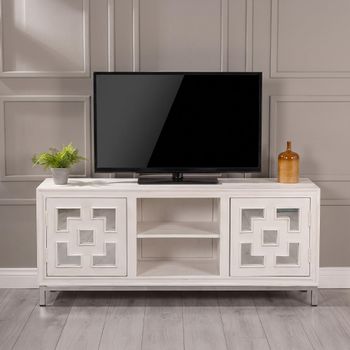 Clearance - Geo White Mirrored Distressed White Wash Mango Wood 2 Door Medium TV Unit