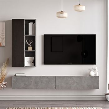 Clearance - Lemont Silver and Black Large Hanging TV Unit with Wall Shelf