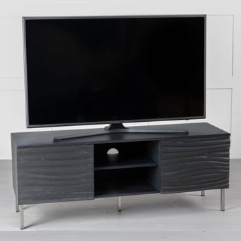 Clearance - Wave Charcoal Grey Ripple Mango Wood 130cm 2 Door TV Unit with 3 Shelves