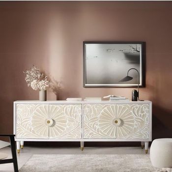Dover Ivory White Carved Mango Wood 4 Door Large TV Unit