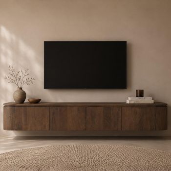 Elvano Malta Mango Wood Curved Floating 220cm 4 Door Large Wall Mounted TV Unit