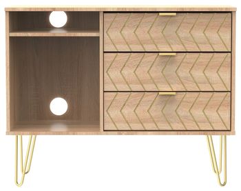 Jigsaw Oak 95cm 3 Drawer TV Unit with Gold Hairpin Legs