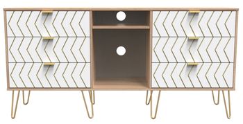 Jigsaw White and Oak 150cm 6 Drawer TV Unit with Gold Hairpin Legs