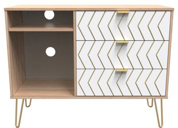 Jigsaw White and Oak 95cm 3 Drawer TV Unit with Gold Hairpin Legs