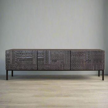 Macedonia Carved Dark Mango Wood 3 Drawer Large TV Unit