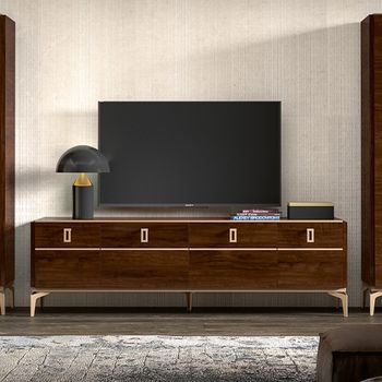 Modern Eva Walnut 195cm 4 Door TV Unit with Gold Trim
