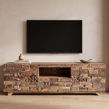 Omao Carved Mango Wood 2 Door 1 Drawer Large Storage TV Unit