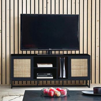 Padstow Black and Rattan 150cm 2 Door TV Unit