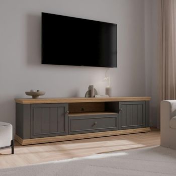 Pontypool Dark Grey and Light Oak 199.2cm 2 Door 1 Drawer Wide TV Unit