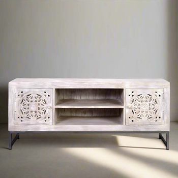 Quintana Mango Wood 2 Door Washed Carved TV Unit